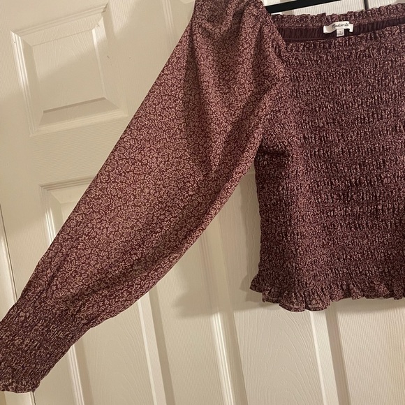 Madewell Floral Smocked cottage milkmaid Purple +white floral print top large - Picture 3 of 9